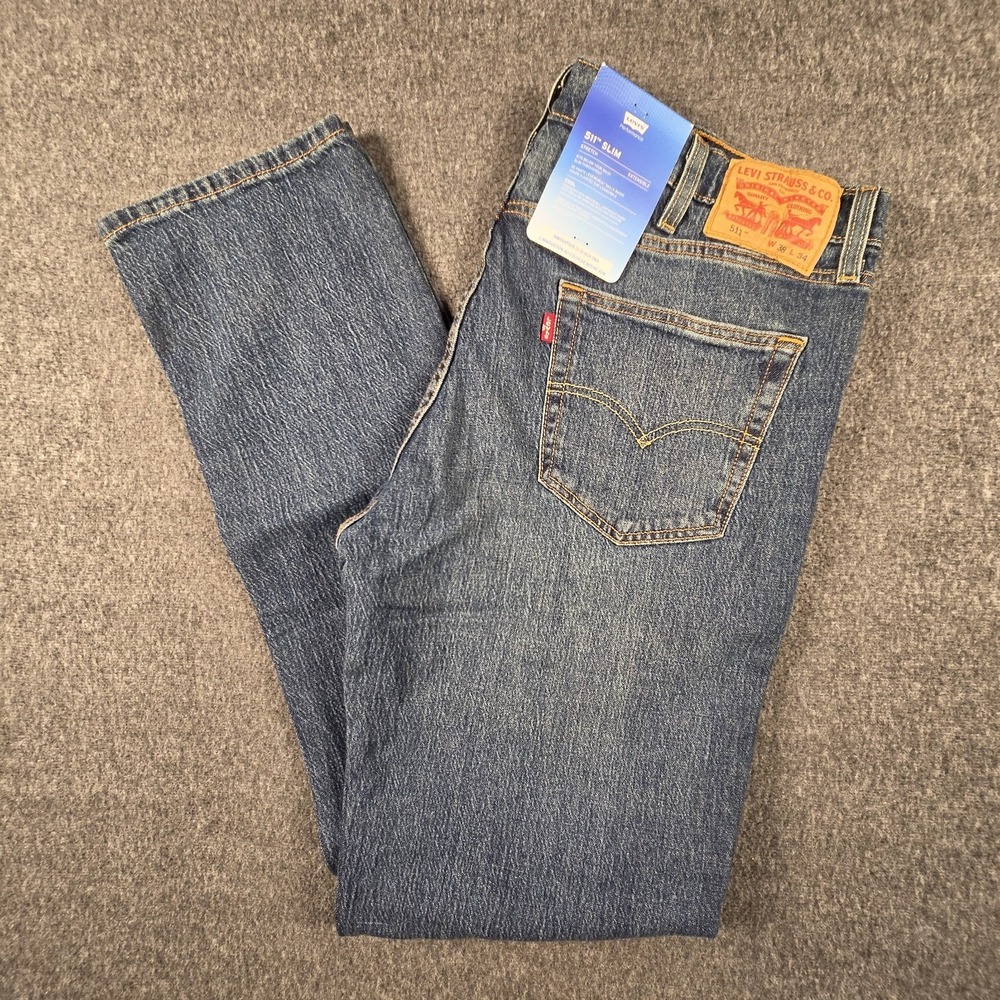 Levis 511 Jeans Mens 38x34 Blue Slim Medium Wash Denim Fade Stretch NWT